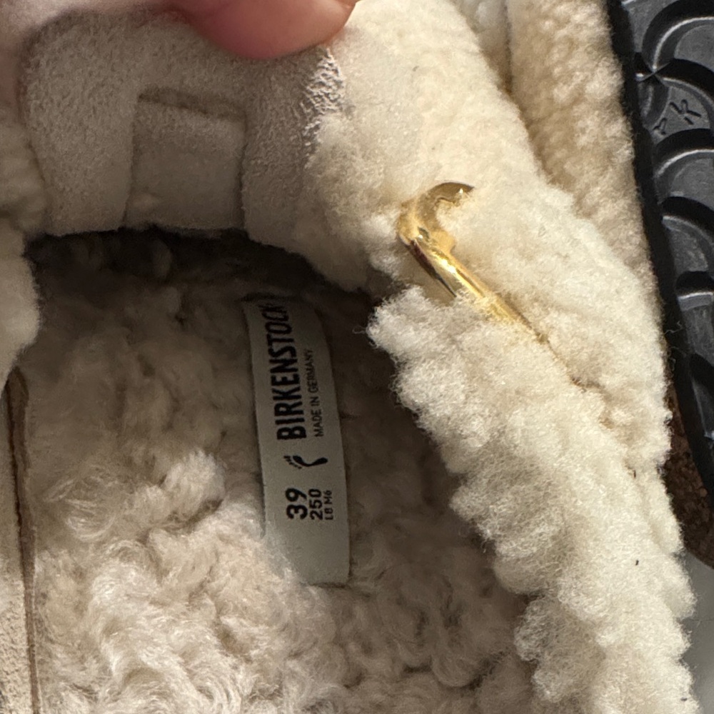 Birkenstock Cream Fuzzy Slippers with Gold Accent - Picture 3 of 4